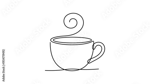 Tea Cup with Steam One-Line Icon, Single Continuous Line Open Spiral Minimal Outline