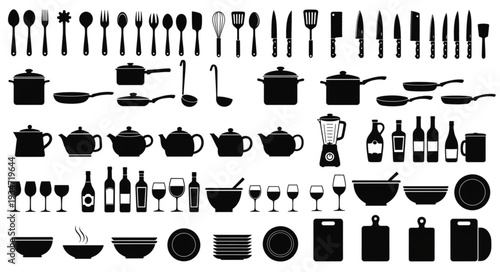 Collection of kitchen utensils and cookware silhouettes.