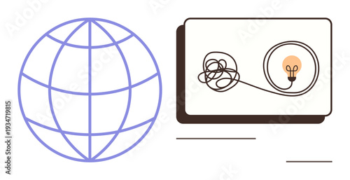 Global connectivity, innovation, brainstorming, creative solutions, problem-solving, worldwide ideas. A globe beside a winding wire forming a light bulb. Global connectivity and innovation concept
