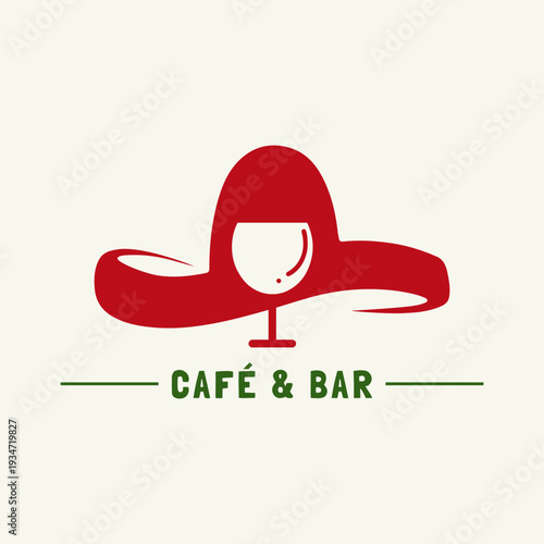 Mexican Style Café and Bar Logo with Sombrero and Wine Glass Icon