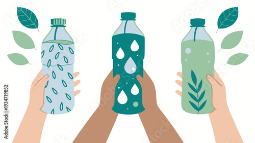Diverse hands holding eco-friendly reusable water bottles with leaves