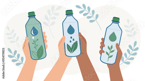 Diverse hands holding eco friendly water bottles with green leaves