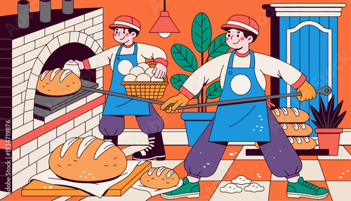 Bakers working together in a vibrant bakery kitchen with fresh bread