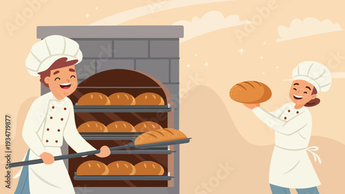 Smiling chefs baking fresh bread in a brick oven