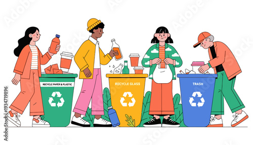 People recycling and sorting waste in colorful bins