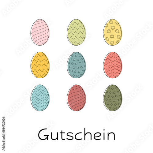 Gutschein - Schriftzug in deutscher Sprache. Quadratische Gutscheinkarte mit bunten gemusterten Ostereiern.