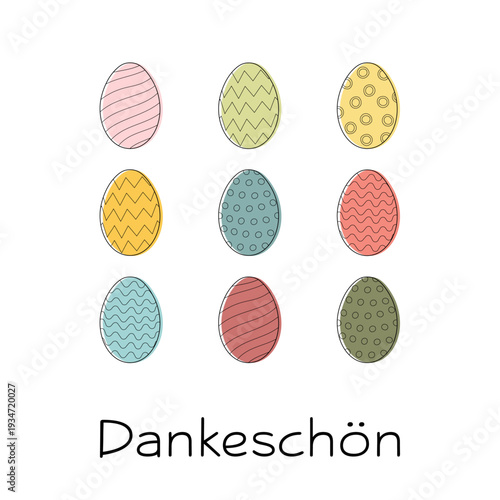 Dankeschön - Schriftzug in deutscher Sprache. Quadratische Grußkarte mit bunten gemusterten Ostereiern.