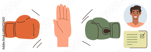 Conflict resolution, risk management, communication, emotional control, negotiation, teamwork. Boxing gloves, outstretched hand profile icon with checklist. Conflict resolution and risk management