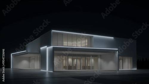 Modern building with minimalist design and illuminated exterior at night