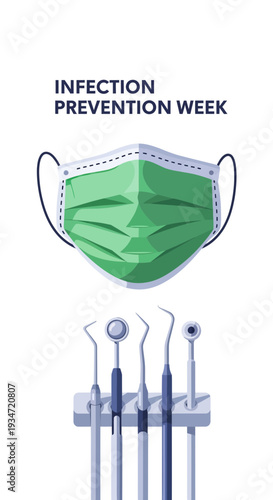 Graphic Display Promoting Infection Prevention Week Featuring Dental Tools and Mask Symbolism