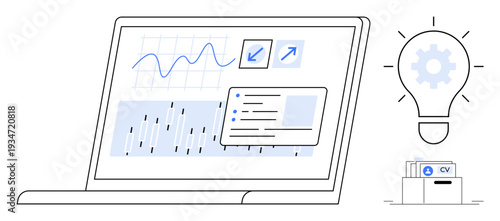 Data analysis. Visual ation of data on a laptop screen with analytical charts and graphs. Data processing and innovation for technology, research, education, startups, and productivity