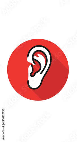 Graphic Illustration Depicting An Ear Symbol Within A Red Circular Button Design