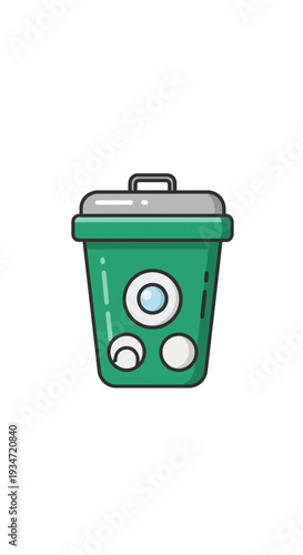 Graphic Illustration Depicting a Stylized Green Waste Bin on a Pure White Background