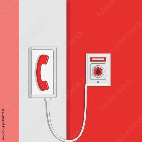 Graphic Illustration Depicting Communication Devices on Contrasting Red and White Wall Sections