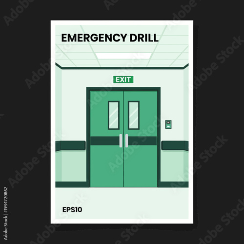 Graphic Illustration Depicting Emergency Drill, Exit Sign, and Interior Hospital Doorway