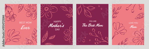 Mother’s Day Card Set with Floral Background and Greeting Messages Vector