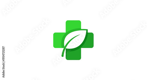 Green Cross Symbol Combined With Leaf Represents Natural Health And Medicine