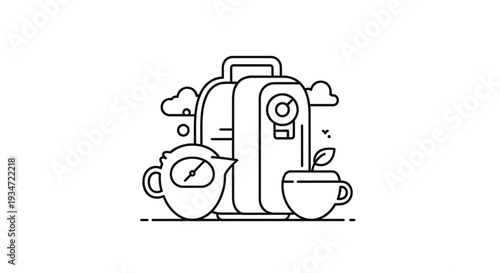 Coffee maker with cups and coffee.