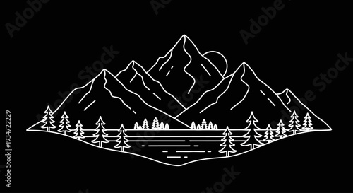 Mountain range with pine trees.