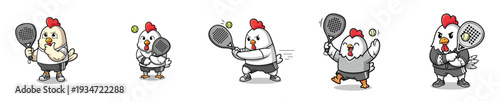 Tennis Mascot Chicken Player Character Flat Vector Collection