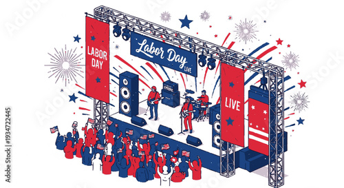 Labor day celebration stage with performers red and blue decorations and festive atmosphere surrounded by stars and fireworks