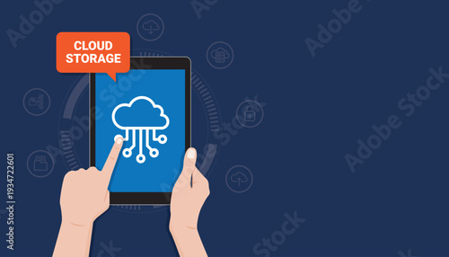 Hands holding tablet with cloud storage symbol and cloud storage label, illustrating online data management, secure backup, and digital services.