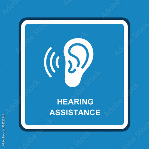Hearing Assistance Sign Illustrates Sound and Ear Function in a Blue Square, Icon Design