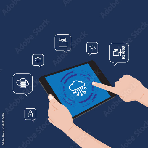 Person using tablet with cloud computing interface and floating icons, showing secure file sharing, online backup, and digital network connectivity.