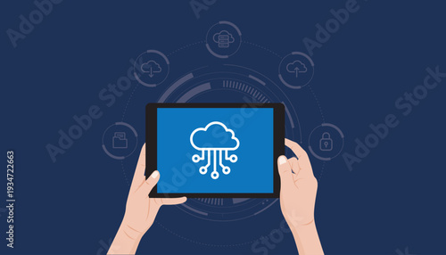 Tablet with cloud storage symbol centered on digital tech background, representing secure data system, backup solution, and online network technology.