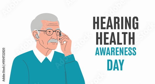 Hearing Health Awareness Day: Senior Man With Hearing Aid, Vector Illustration