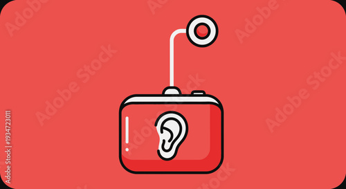 Hearing Aid Design on Red Background, Illustrative Healthcare Technology Icon
