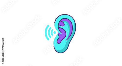 Hearing Perception Symbol: Colorful Ear Illustrating Audio Signal Transmission on White Background