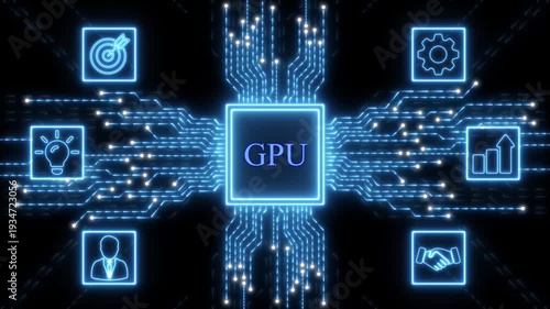 Central GPU chip with surrounding business and technology icons