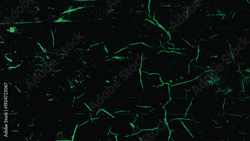 Abstract black background with bright green neon distress texture and grunge cracks