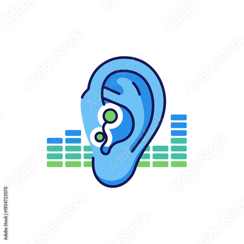Hearing Aid Illustration Depicting Sound Waves and Ear Anatomy in Digital Vector Art