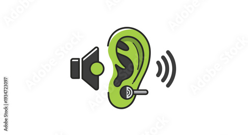 Hearing Aid Illustration Featuring An Ear With Sound Waves and Audio Speaker