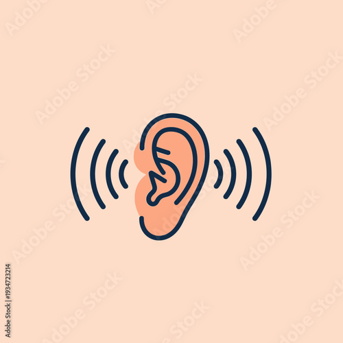 Hearing and Listening Icon Depicting Sound Waves and Ear on Peach Background for Media
