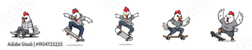 Skateboarding Mascot Chicken Character Flat Vector Action Set