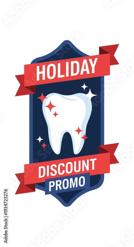 Holiday Dental Discount Promo: Shiny Tooth Symbolizing Oral Care, Savings, and Special Offers