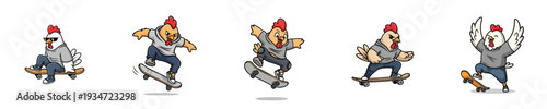 Urban Skateboarding Chicken Mascot Character Flat Vector Set