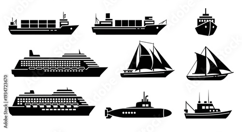 Collection of various ship and boat silhouettes on white background.