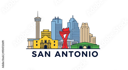 Colorful illustration of the San Antonio city skyline with notable landmarks and a green bus on a white background.