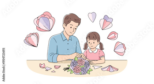 A man and a young girl sitting at a table, arranging a bouquet of flowers with colorful hearts floating around them in a playful and romantic scene.