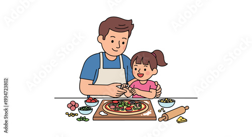 A man and a little girl preparing a pizza together on a wooden board with various toppings on a white background.