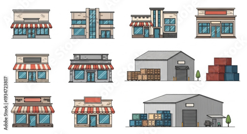 Collection of various commercial buildings and warehouses illustration.