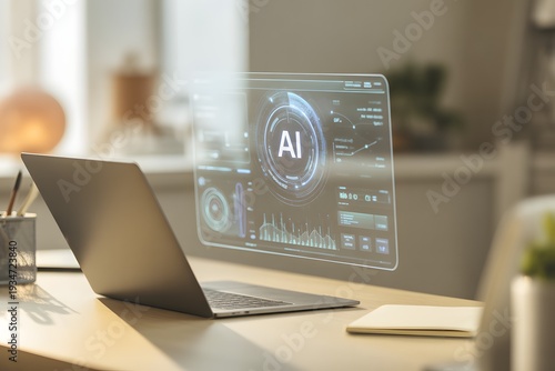 Modern office desk in a business room featuring a laptop with a keyboard and mouse on a wooden table near an ergonomic chair in an empty interior workplace with high-tech equipment
