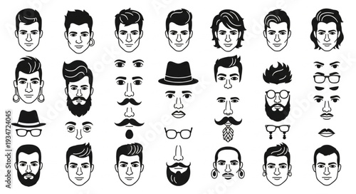 Collection of Diverse Hand Drawn Male Faces and Features.