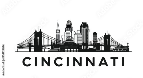 Black silhouette of Cincinnati city skyline with notable buildings and bridges on a white background.