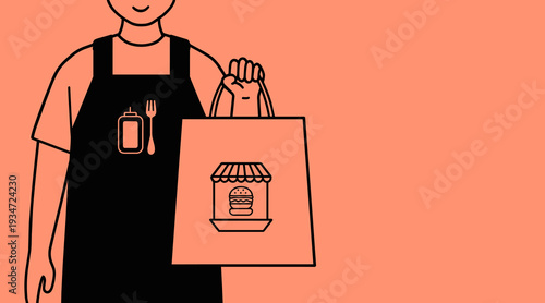 Food delivery worker handing over takeaway order in minimal flat line illustration style