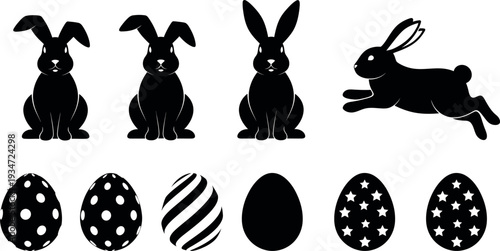 Easter bunny and eggs silhouette illustrations for holiday decorations and easter themed activities